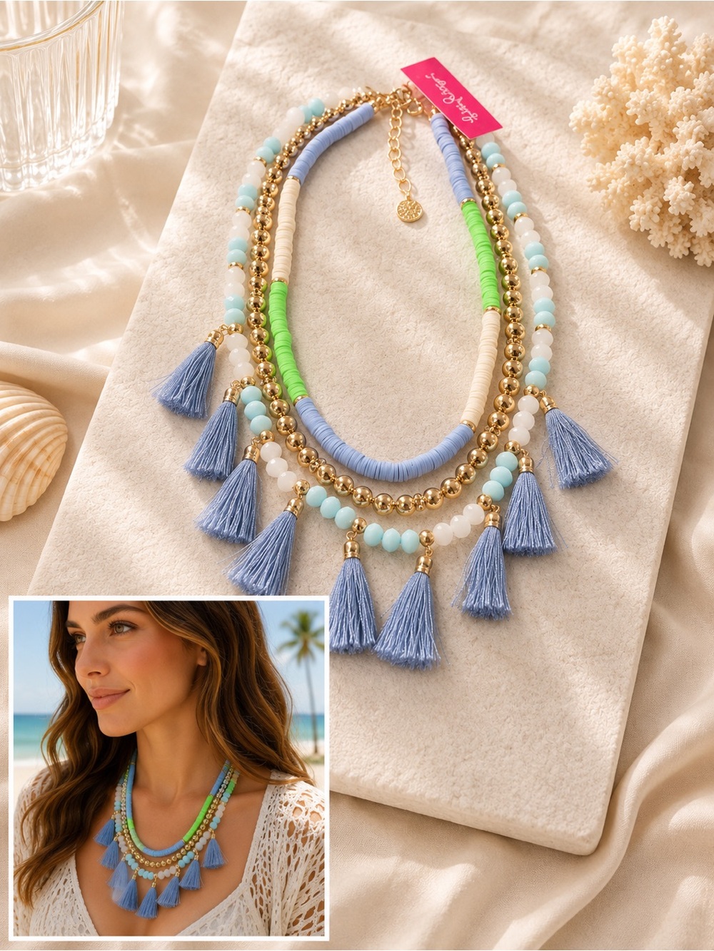 Lilly Pulitzer $98 blue fringe 3 inch extender multi bead cute layer necklace